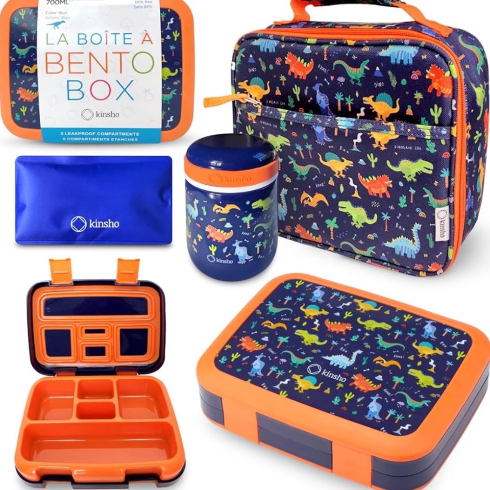 Kinsho Bento Blue Orange Dinosaur Insulated Lining Lunch Box Thermo Ice Pack NEW